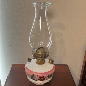 Vintage Antique Victorian Handpainted Pink Floral White Milk Glass Oil Lamp